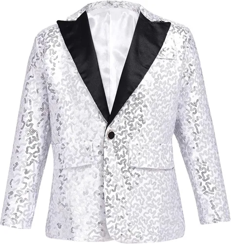 Vista 8 de Kids Boys Shiny Sequins Suit Jacket Wedding Pageant Formal Tuxedo Long Sleeve Coat Party Dance Costumes Negro