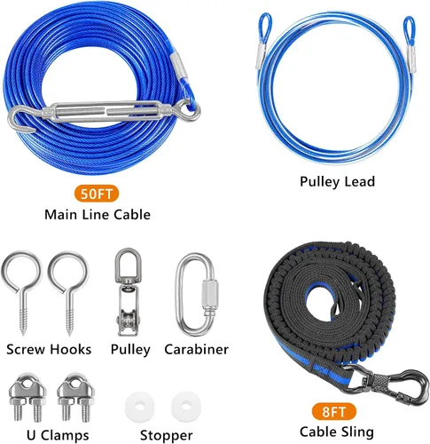 Vista 2 de Cable de amarre para perro XiaZ, cable de 50 pies para carrito de correr para perros de hasta 250 libras, correa de perro para patio, camping
