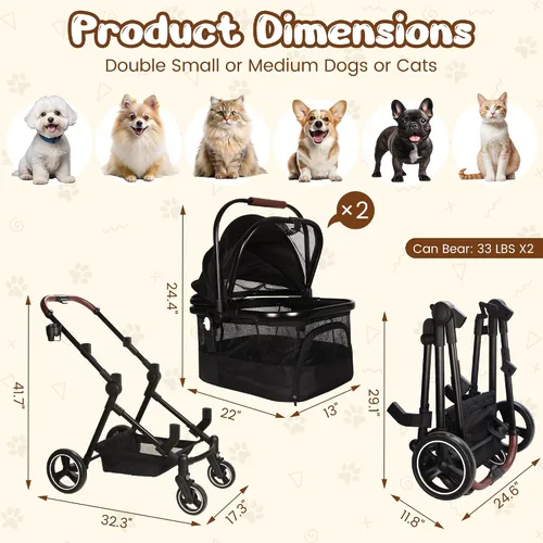 Vista 5 de Carriola doble plegable para mascotas para 2 gatos y perros pequeños y medianos, carriola integrada ligera para mascotas, individual y doble