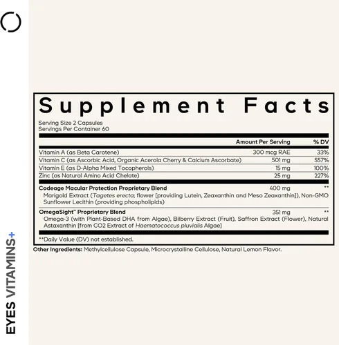 Vista 2 de Codeage Vitaminas para los ojos AREDS 2, suplemento de fórmula a base de 2 meses, vitaminas A, C, E, zinc, luteína, astaxantina, zeaxantina