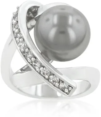 Vista 3 de Kate Bissett Genuine Rhodium Plated Ring Knotted with a Dark Grey Simulated Pearl Bordered by Round Cut Cubic Zirconia