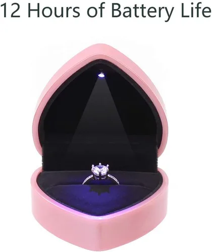 Vista 3 de Caja de anillo con forma de corazón con luz LED, soporte de terciopelo, organizador de cofre de joyería, aretes, caja de presentación de joyas