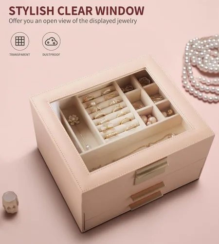 Vista 5 de Joyero con parte superior transparente, organizador grande de 3 capas para mujeres, aretes, anillos, collares, organizador de almacenamiento