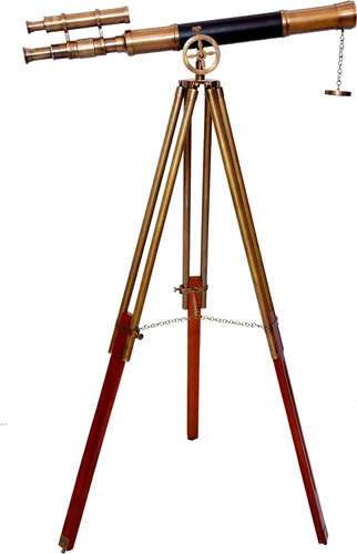 Vista 6 de Telescopio antiguo de latón cubierto de cuero con trípode ajustable de madera/latón náutico auténtico de alto aumento manual de enfoque de ajuste