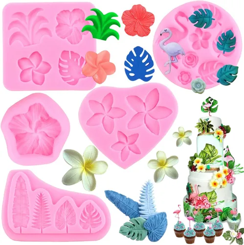 Vista 8 de Molde de silicona de flamenco de hojas tropicales, hibisco, plumeria, flores, hojas de Monstera, moldes para fondant, árbol de coco hawaiano, moldes