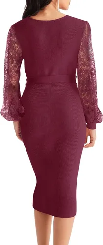Vista 3 de MEROKEETY Vestido de suéter de manga larga con cuello en V para mujer, sexy, de punto envolvente, ajustado, con cinturón