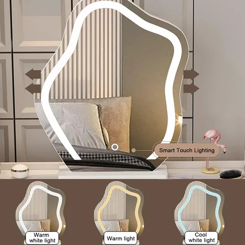 Vista 2 de Escritorio de tocador con espejo iluminado, tocador moderno con 3 cajones, tocador de maquillaje con taburete acolchado suave y 3 modos