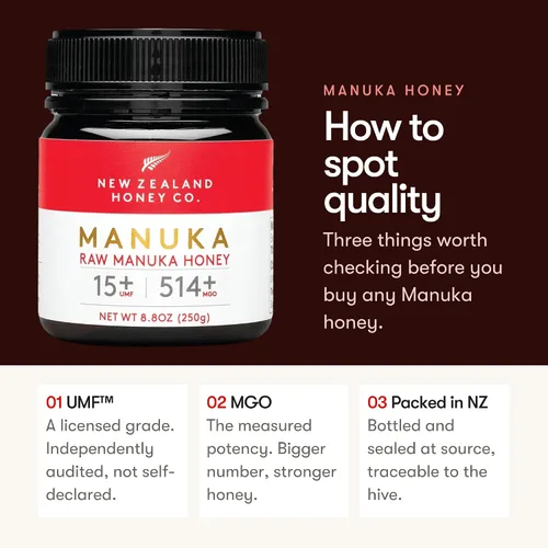 Vista 6 de New Zealand Honey Co. Miel de manuka cruda UMF 15+ MGO 514+, certificado UMF / 8.8oz