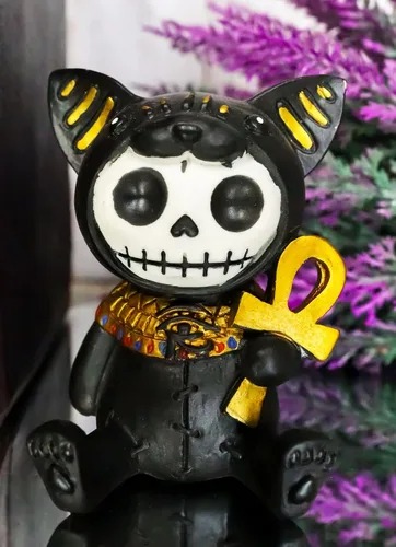 Vista 7 de Ebros - Figura pequeña de 2.75 pulgadas de alto con huesos peludos egipcios de gato felino, diosa Bastet sosteniendo Ankh, estatua de dioses