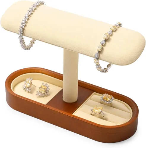 Vista 6 de Oirlv Soporte de reloj de madera maciza con barra en T, organizador para hombres y mujeres, soporte de exhibición de joyas, anillos, aretes, collar