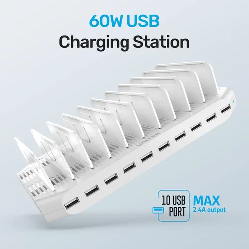Vista 2 de Unitek Estación de carga múltiple, cargador USB de 10 puertos para múltiples dispositivos con tecnología SmartIC y divisores ajustables, soporte