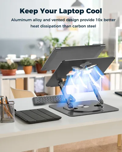 Vista 5 de Soporte ajustable para laptop de escritorio - Elevador portátil para laptop con base giratoria, soporte plegable de aluminio para computadora