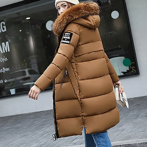 Vista 5 de kcdigr Abrigos de invierno para mujer, chaqueta de plumón con cremallera completa, con cinturón, con capucha, abrigo largo acolchado, maxi parka