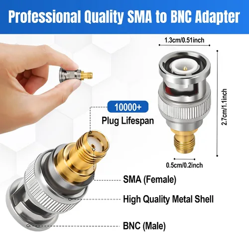 Vista 2 de Adaptador SMA a BNC, 2 unidades, SMA hembra a BNC macho RF coaxial de antena coaxial Conector convertidor de extensión de baja pérdida para BNC