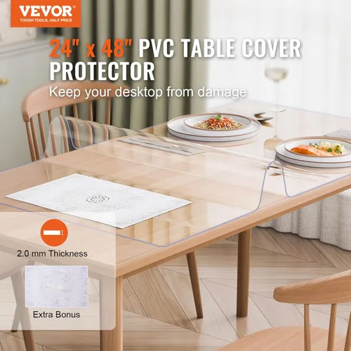 Vista 2 de VEVOR - Cubierta de mesa de plástico, 24 x 48 pulgadas, 2.0 mm de grosor, tapete de escritorio de PVC transparente protector, mantel de mesa