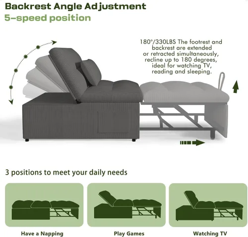 Vista 4 de Silla Cama Convertible 4 en 1 con Respaldo Ajustable, Almohadas, Sofá Cama Futón con Bolsillo Lateral, Silla Sofá Cama Desplegable, Sofás