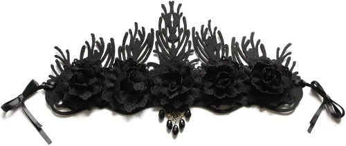 Vista 9 de Lolita gótica oscura de Halloween, estilo vintage, encaje negro barroco, Queen, diadema para el cabello para Halloween, Navidad, fiesta de máscaras