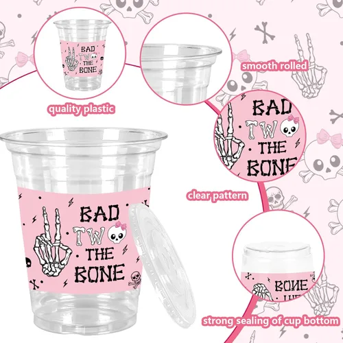 Vista 3 de JarThenaAMCS 50 Vasos de Plástico de Halloween con Tapas y Pajitas Vaso para Beber 12oz Rosa Negro Calavera Bad Two The Bone Vasos Desechables