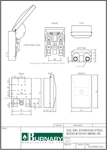 Vista 3 de Burnaby Manufacturing Ltd 2# Double Gas Plug™, Acero inoxidable, Entrada NPT trasera de 1/2", 2 salidas de desconexión rápida de 3/8