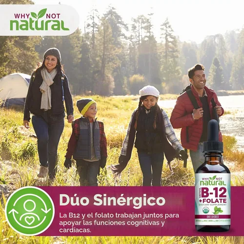 Vista 3 de Why Not Natural Vitamina B12 Líquido Plus Folato - Gotas veganas sublinguales orgánicas extra fuertes - Suplemento de metilo con folínico