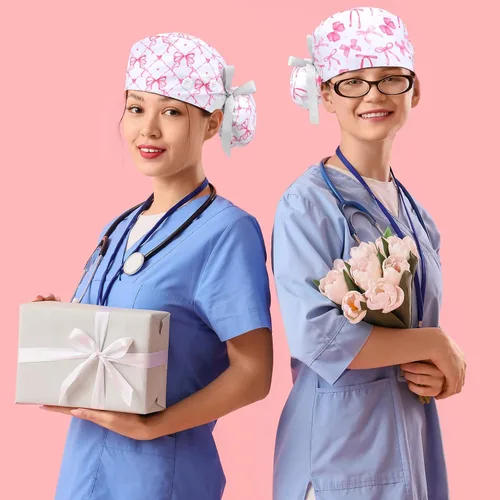 Vista 4 de HooLing 6 unidades de gorras para médico y enfermera, ajustable, con botones, con banda para el sudor y lazo