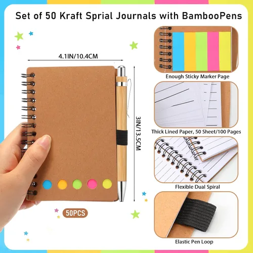 Vista 2 de Chuangdi 50 juegos de cuadernos en espiral forrados con notas adhesivas y bolígrafos de bambú, suministros de regreso a clases para personal