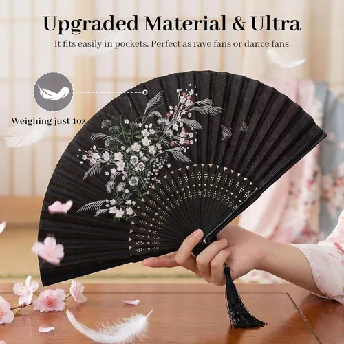 Vista 3 de JOHOUSE Abanico de mano plegable de tela negra con borla y funda – Elegante abanico plegable de mano para mujeres, abanicos de boda para invitados
