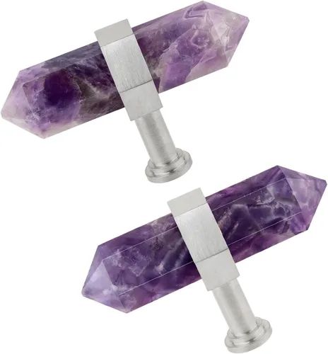Vista 19 de TUMBEELLUWA Paquete de 2 pomos de cristal de obsidiana negra con tornillos, tiradores hexagonales de latón cepillado para cocina y decoración