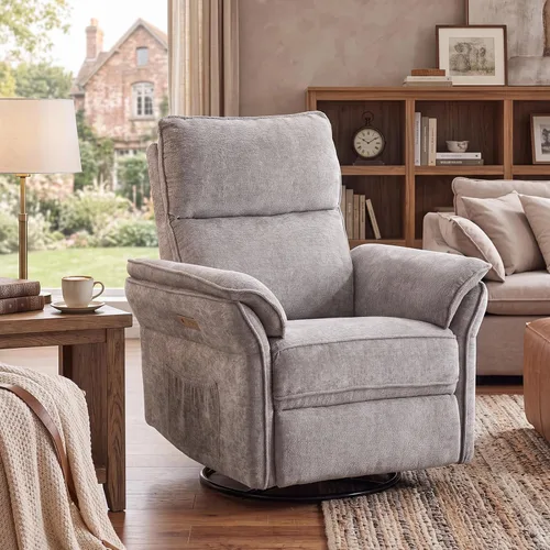 Vista 13 de Sillón reclinable giratorio de gran tamaño con reposacabezas ajustable, mecedora para guardería con reposabrazos sobrerelleno, silla reclinable Beige