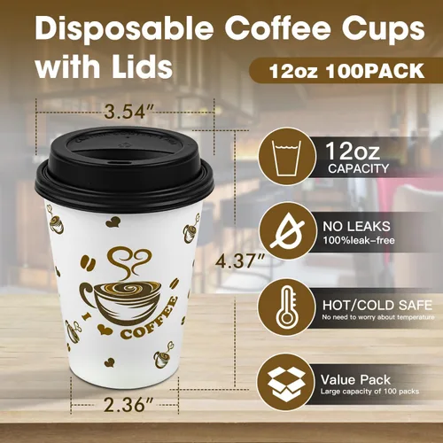 Vista 3 de Ginkgo Tazas de café desechables con tapas, 12 onzas, paquete de 100 unidades, taza de café de papel para llevar para coco caliente, chocolate