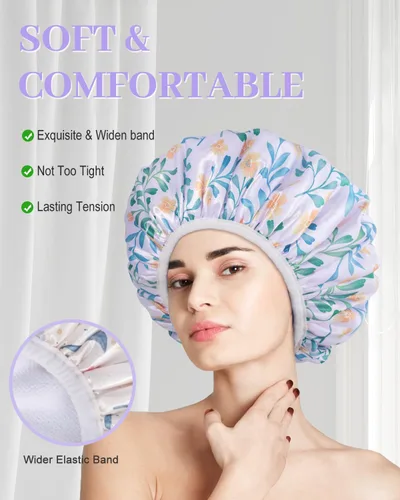 Vista 8 de Gorro de ducha reutilizable con forro de rizo, gorro de ducha grande para mujer, gorro de ducha impermeable de triple capa para cabello largo