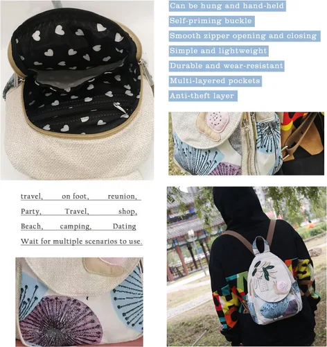 Vista 49 de HUANGGUOSHU Mochila de algodón tejida de algodón bohemio con bordado de lona estilo bohemio con múltiples bolsillos retro linda mochila cartera