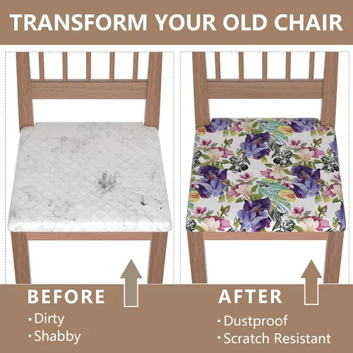 Vista 4 de Juego de 4 fundas elásticas para sillas de comedor, fundas para sillas de comedor con estampado floral, fundas para asientos de sillas con estampado