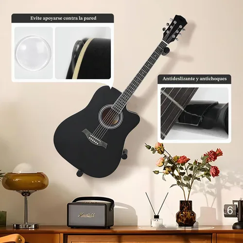 Vista 4 de Perchas de guitarra acústicas horizontales para montaje en pared de madera (negro)