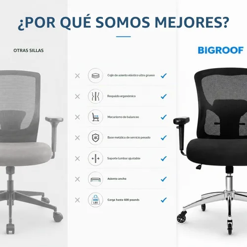 Vista 7 de Silla de oficina grande y alta de 600 libras, silla de malla ergonómica resistente, silla de escritorio ejecutiva para computadora con asiento