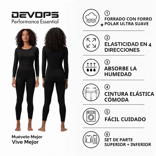 Vista 2 de DEVOPS - Conjunto de ropa interior térmica para mujer Long Johns, prenda superior e inferior Negro