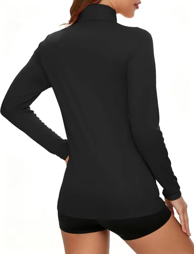 Vista 2 de MAGCOMSEN Camiseta de manga larga para mujer, con cremallera de un cuarto 01-Negro
