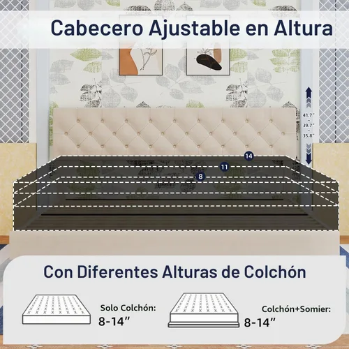 Vista 5 de BarnFurin Base de cama tamaño King, plataforma tapizada con cabecera capitoné con botones, marco de cama de tela con soporte de listones de madera