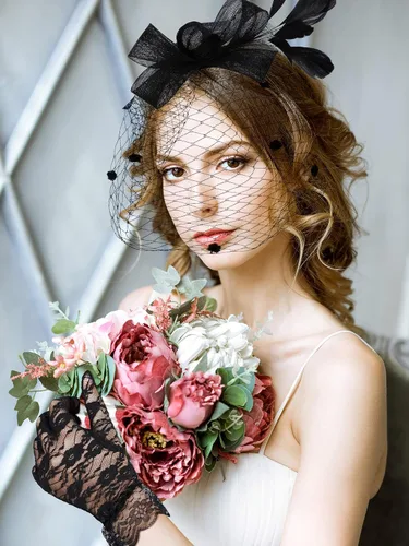 Vista 6 de SATINIOR Sombrero de tocado para mujer, sombrero de pastillero, velo negro, sombrero funerario, sombrero de fiesta de té y guantes de encaje