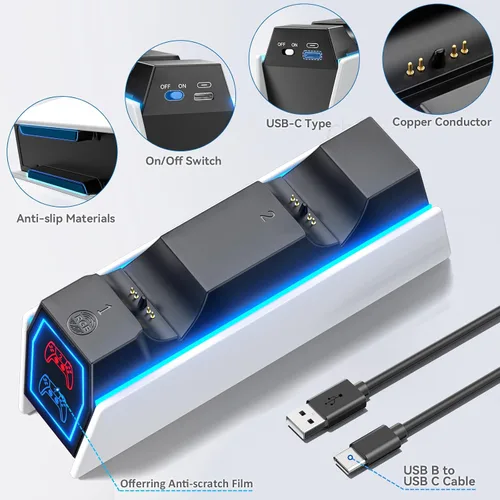 Vista 7 de PS5 Controller Charger Station Compatible with Playstation 5 Skin Edge & Dual Controller, 9 RGB LED Light PS5 Accessories Charging Station, PS5