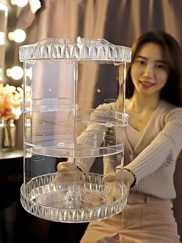 Vista 4 de PJLANDI Organizador de maquillaje giratorio de acrílico 360, soporte de almacenamiento cosmético estante Perfume en tocador de baño