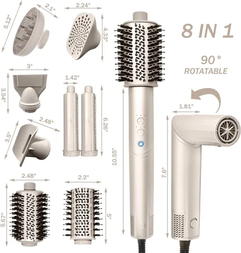 Vista 8 de Secador de pelo profesional, potente secador de pelo 8 en 1 con rizador automático iónico negativo de alta velocidad de 110,000 rpm, con cepillo