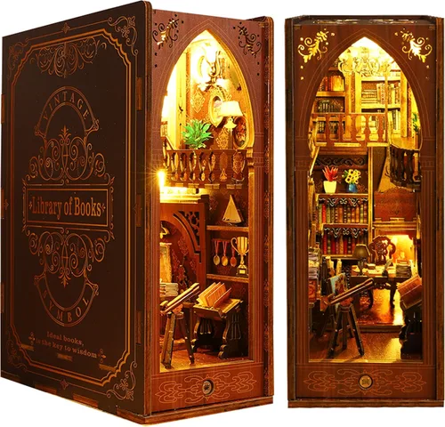 Vista 21 de ISSEVE Kit de Rincón de Libros, Rompecabezas de Madera 3D DIY Casa de Muñecas Booknook para Adultos, Kit de Casa en Miniatura Diminuta Decoración
