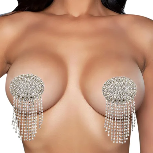 Vista 3 de MINGSEECESS Sujetador reutilizable de silicona de metal dorado para mujer, diseño de pétalos de pecho, autoadhesivos con borla