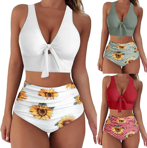 Vista 5 de Traje de baño para mujer, conjunto de bikini de girasol, divertido, traje de piezas nudas Frontal, ropa de Playa