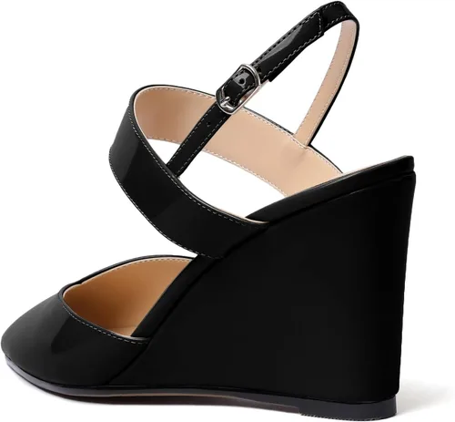 Vista 5 de Soireelady Sandalias de cuña de tacón alto con puntera puntiaguda para mujer, sandalias de cuña con hebilla y diseño recortado, zapatos de cuña