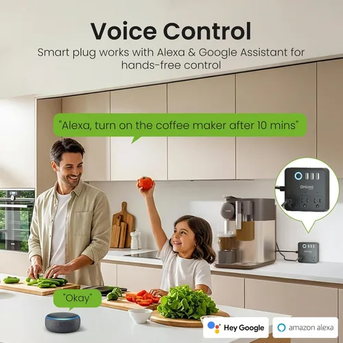 Vista 2 de GHome Smart Regleta de alimentación con 3 salidas WiFi y 3 USB, compatible con Alexa y Google Home, regleta protectora contra sobretensiones
