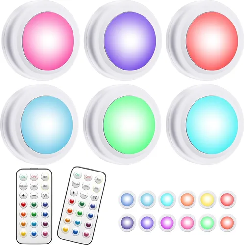 Vista 10 de Luces de disco con control remoto, 13 colores intercambiables, luces LED de disco con pilas, regulables, para debajo del gabinete, con 1 control