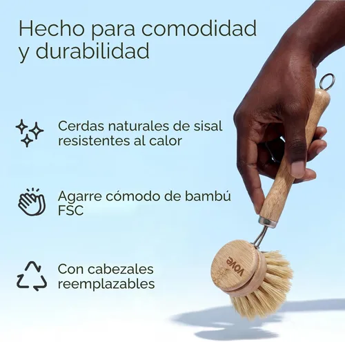 Vista 4 de Vove Cepillo de bambú para platos con 3 cabezales de repuesto, cepillo de cocina sin plástico para ollas, sartenes y platos, mango de bambú
