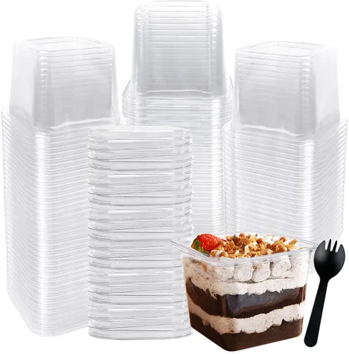 Vista 12 de Rainmae Paquete de 100 tazas de postre con tapas, vasos de plástico desechables apilables con tapas planas, tazas de helado de 10.1 fl oz/10 onzas